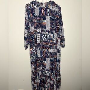 Sevit Li Patchwork Maxi Dress Blue Boho Long Sleeve Size 48 Ethnic Print